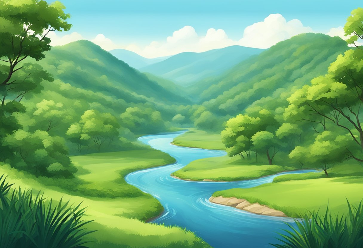 A serene landscape with a winding river, lush greenery, and a clear blue sky