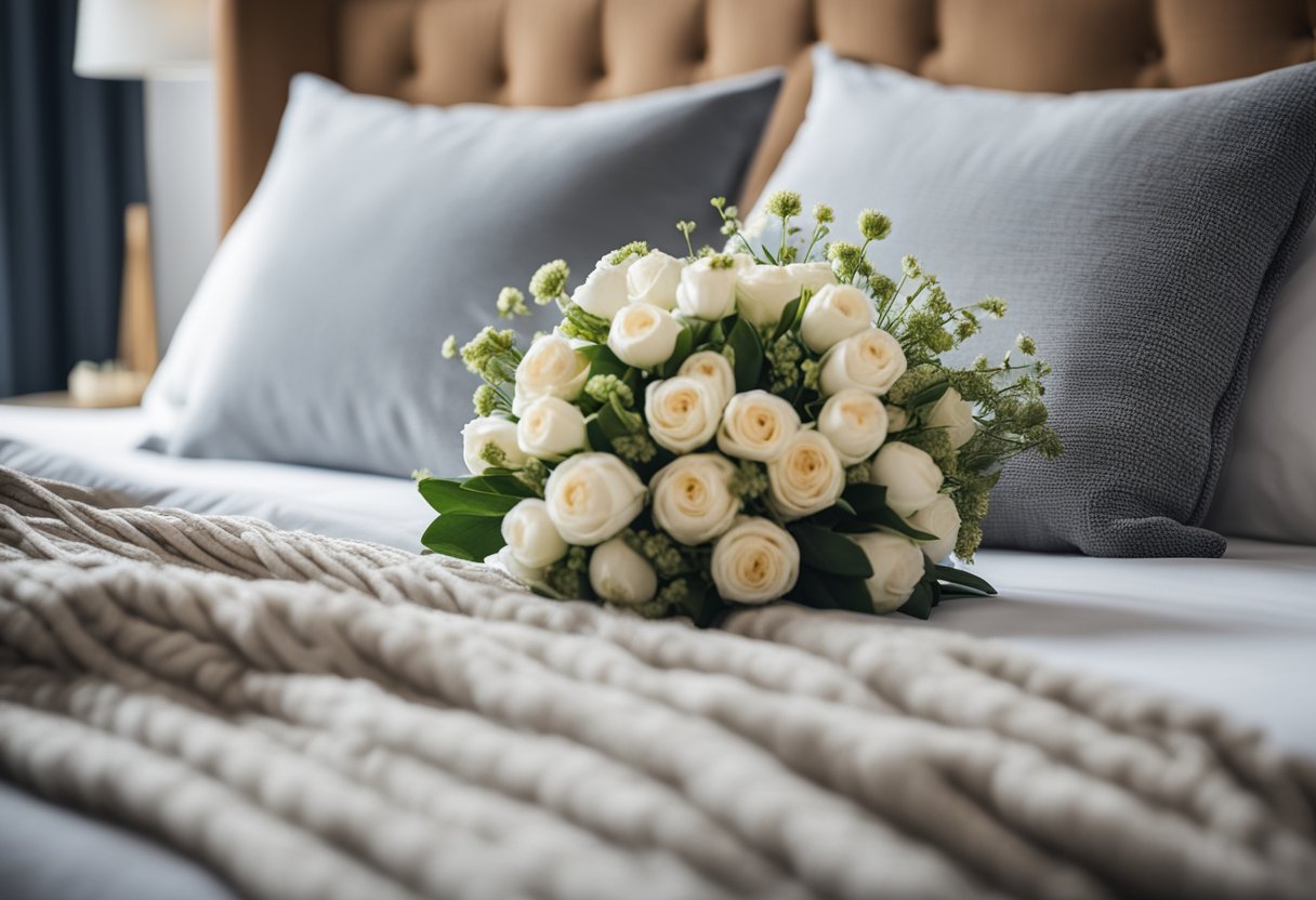 A neatly made divan bed with a cozy throw blanket, decorative pillows, and a bedside table with a vase of fresh flowers