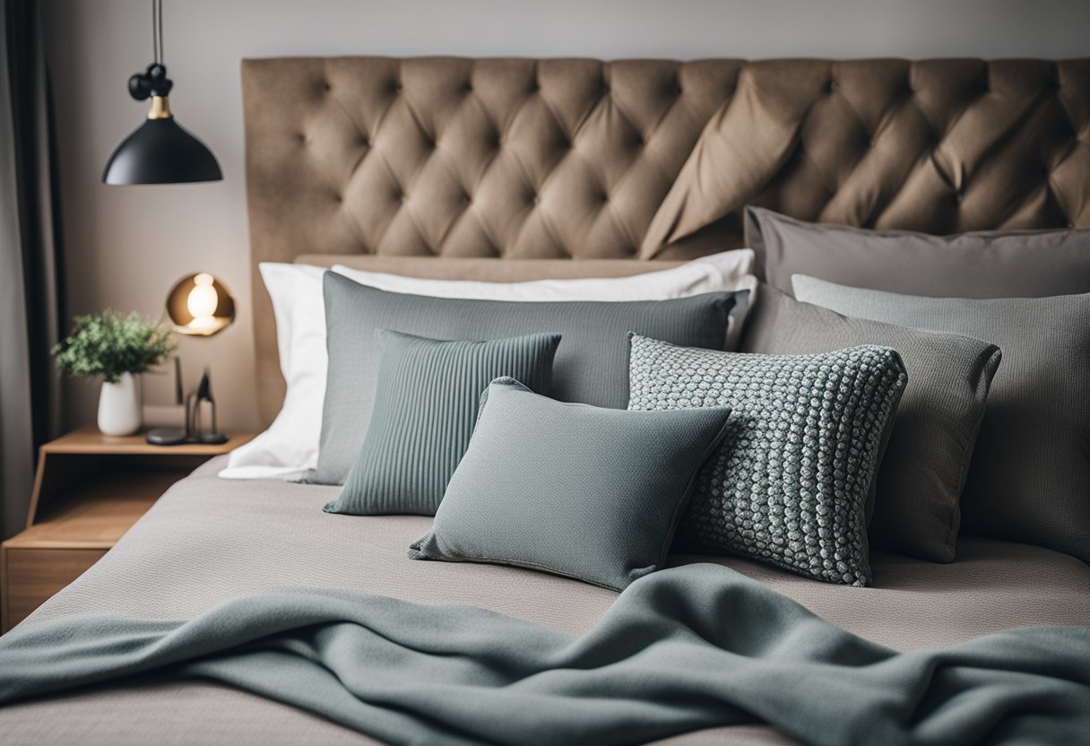 A well-made divan bed with neatly arranged pillows and a throw blanket, complemented by a matching headboard and bedside table