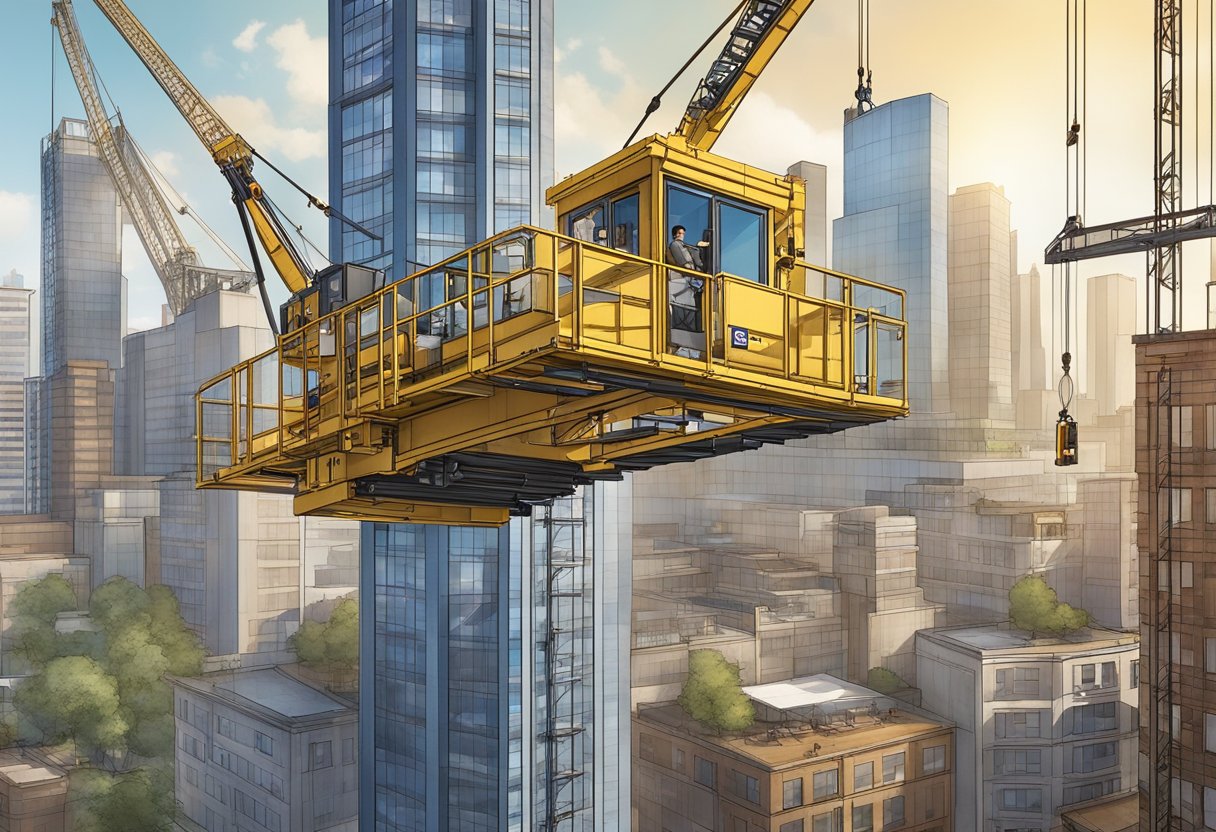 A construction hoist, model saj40, rises against a city skyline with workers and materials being transported up and down