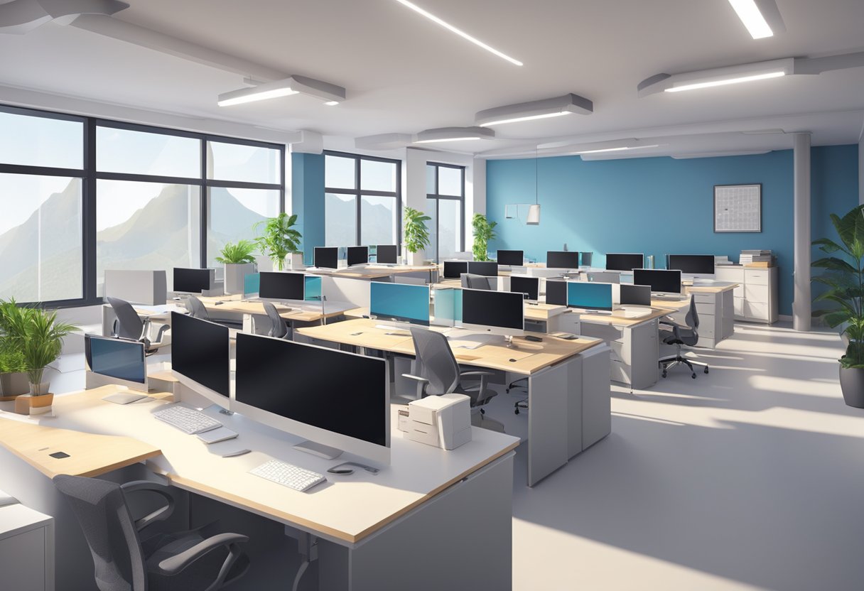 A modern office with computer workstations, drafting tables, and engineering blueprints on the walls. Bright lighting and clean, organized workspaces