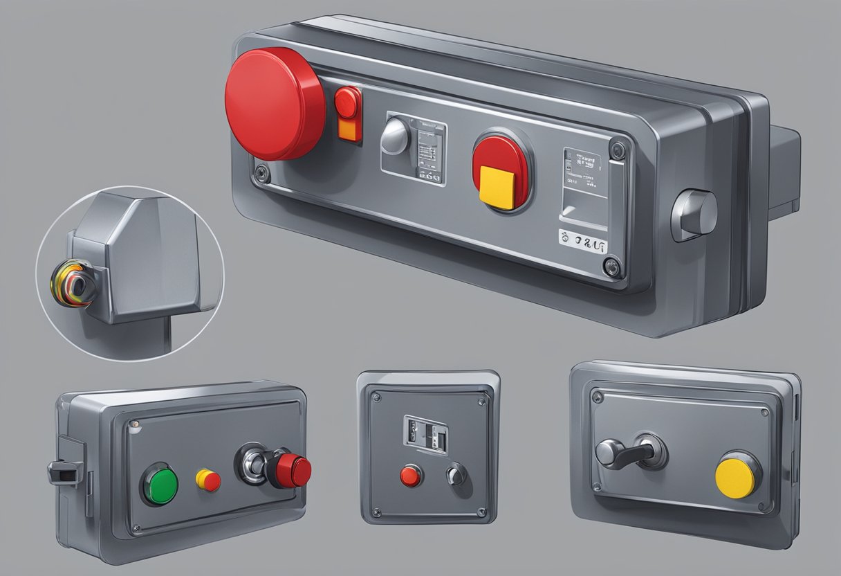 Safety Mechanisms saj50: A sturdy metal casing encases the device, with visible locking mechanisms and warning labels. A red emergency button is prominently displayed