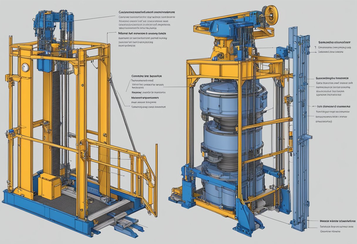 A construction hoist with a space limiter attached, showing the device's components and how it restricts movement within the hoist