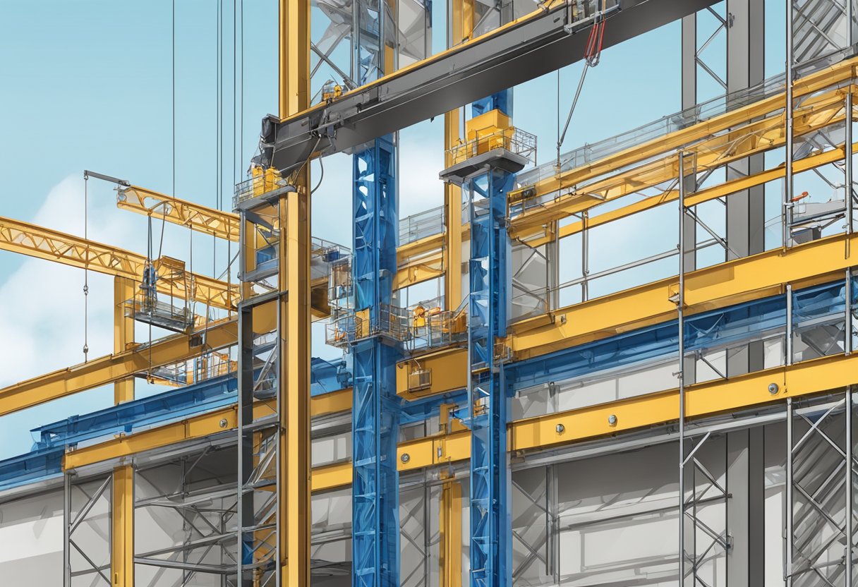 A construction hoist with an overview space limiter installed, surrounded by scaffolding and construction materials