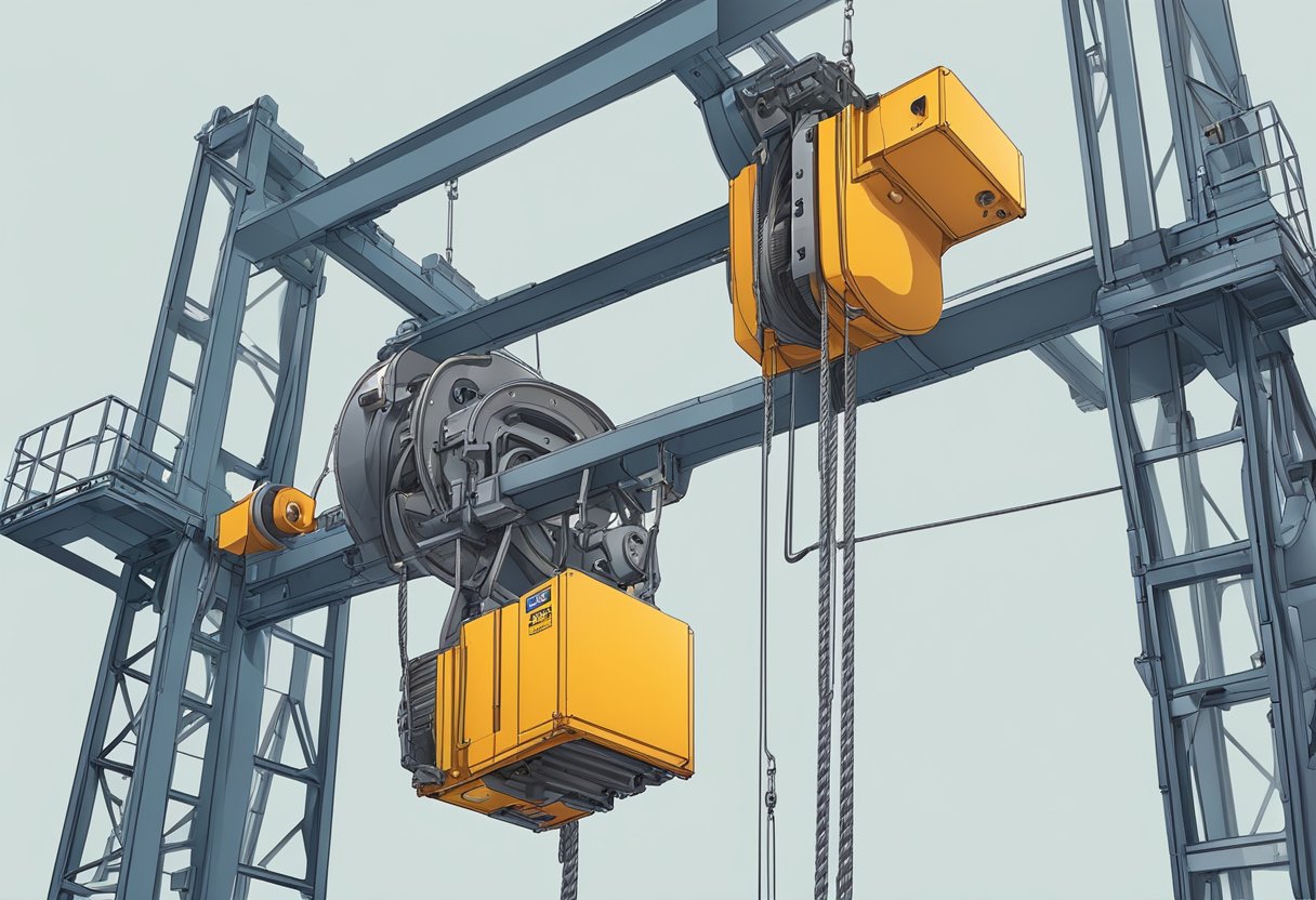 A thick, durable cable winds around the pulley system of a construction hoist, ready to lift heavy materials to towering heights