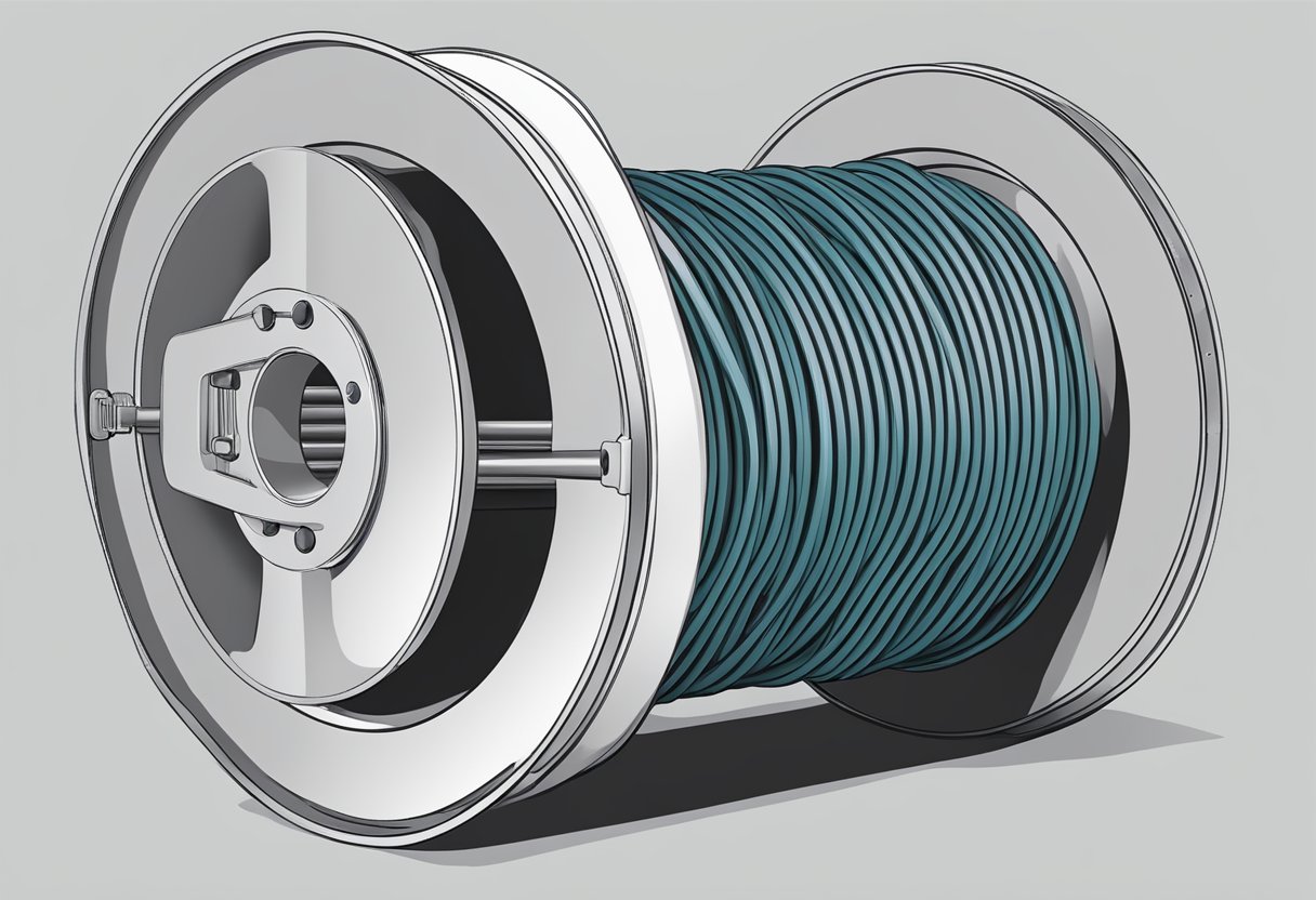 A spool of heavy-duty cable unwinds from a construction hoist, with thick, durable strands coiled tightly together