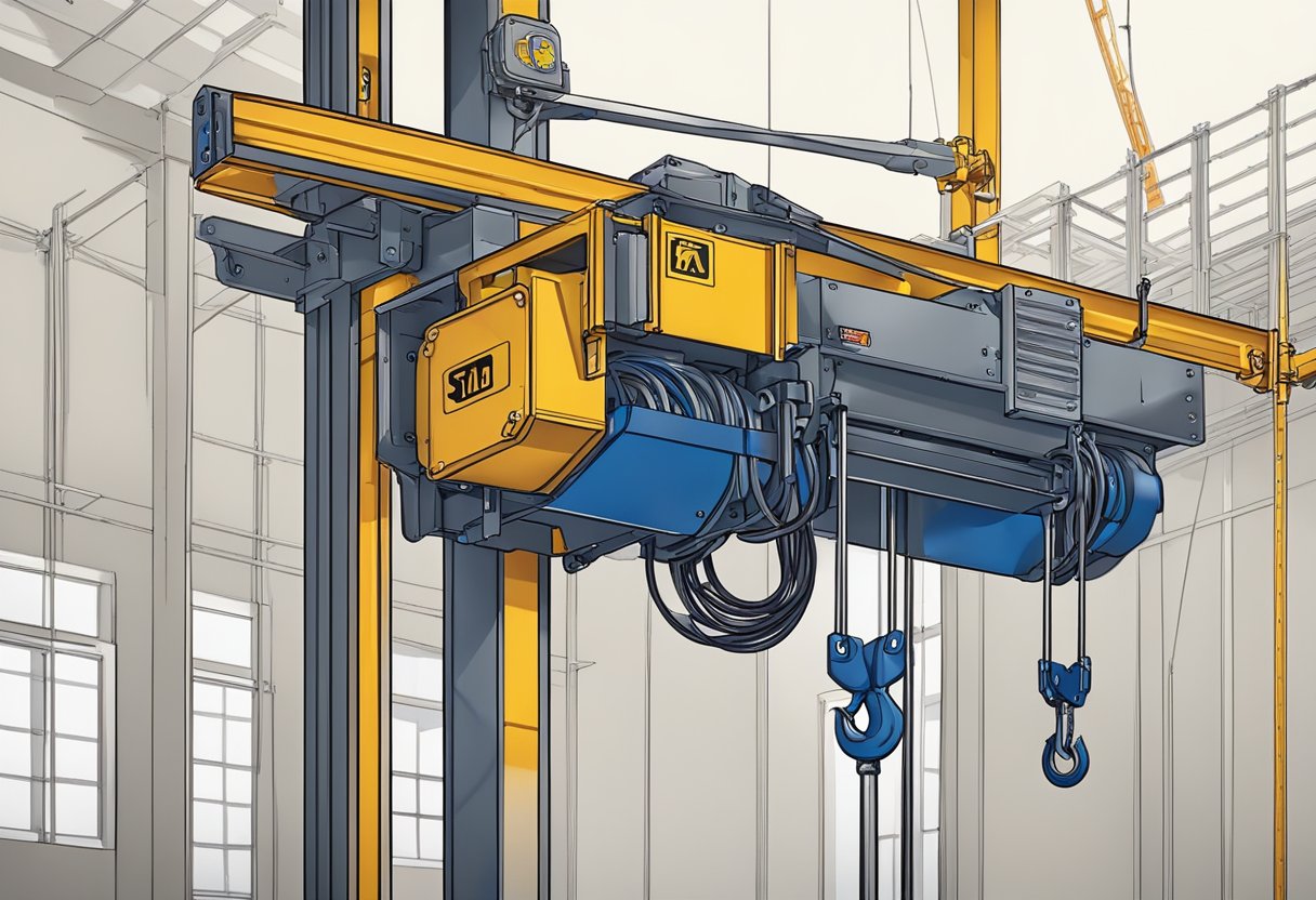 A construction hoist is securely fastened to a wall with heavy-duty ties. The ties are anchored into the wall at regular intervals to ensure stability