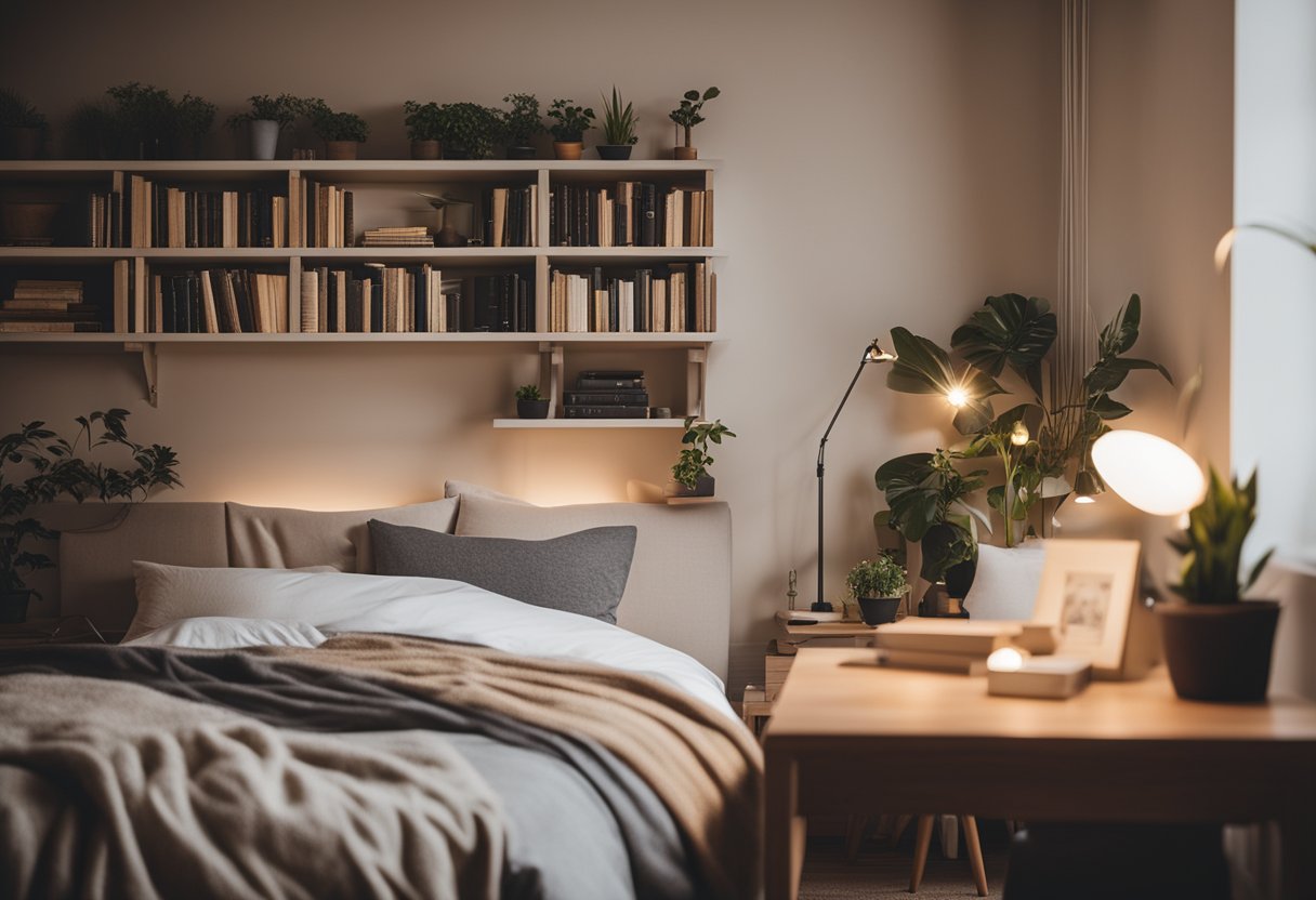 A cozy bedroom with a large, plush bed against a backdrop of soft, neutral colors and warm lighting. A bookshelf filled with novels and a small desk with a potted plant complete the inviting atmosphere