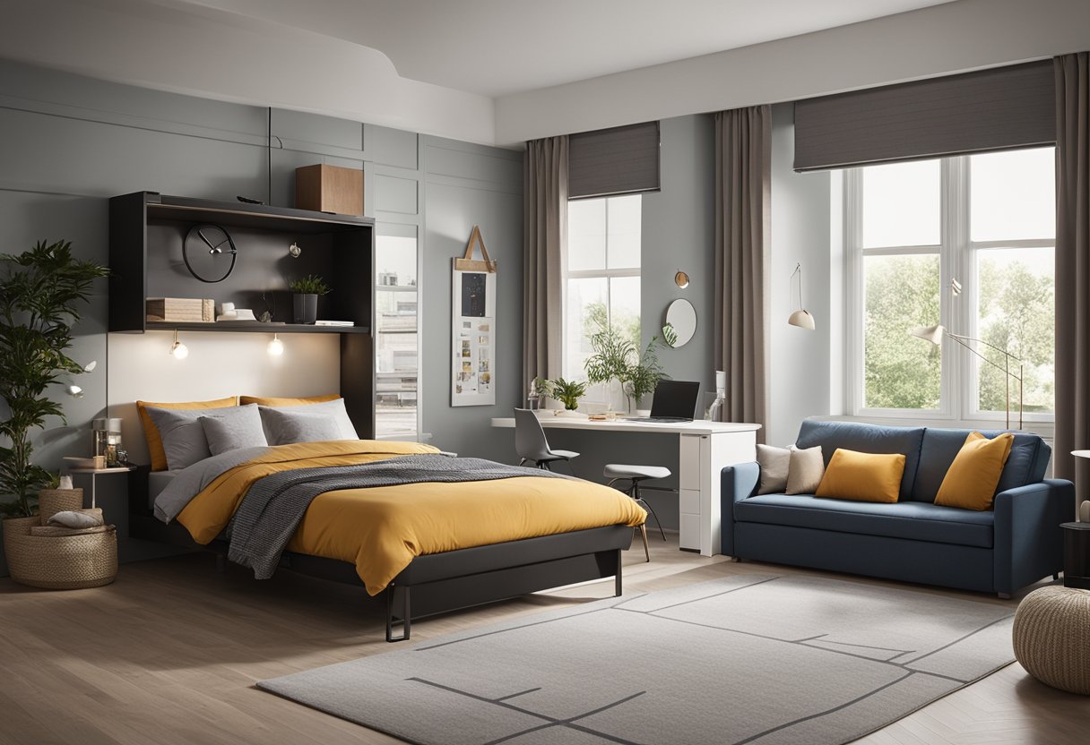 A cozy apartment bedroom with a space-saving loft bed, a sleek and modern Murphy bed, and a versatile sofa bed for functional furniture selection