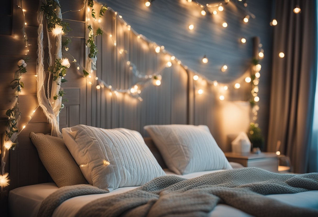 A cozy bed with personalized throw pillows, a soft knitted blanket, and a decorative headboard with intricate carvings and hanging fairy lights