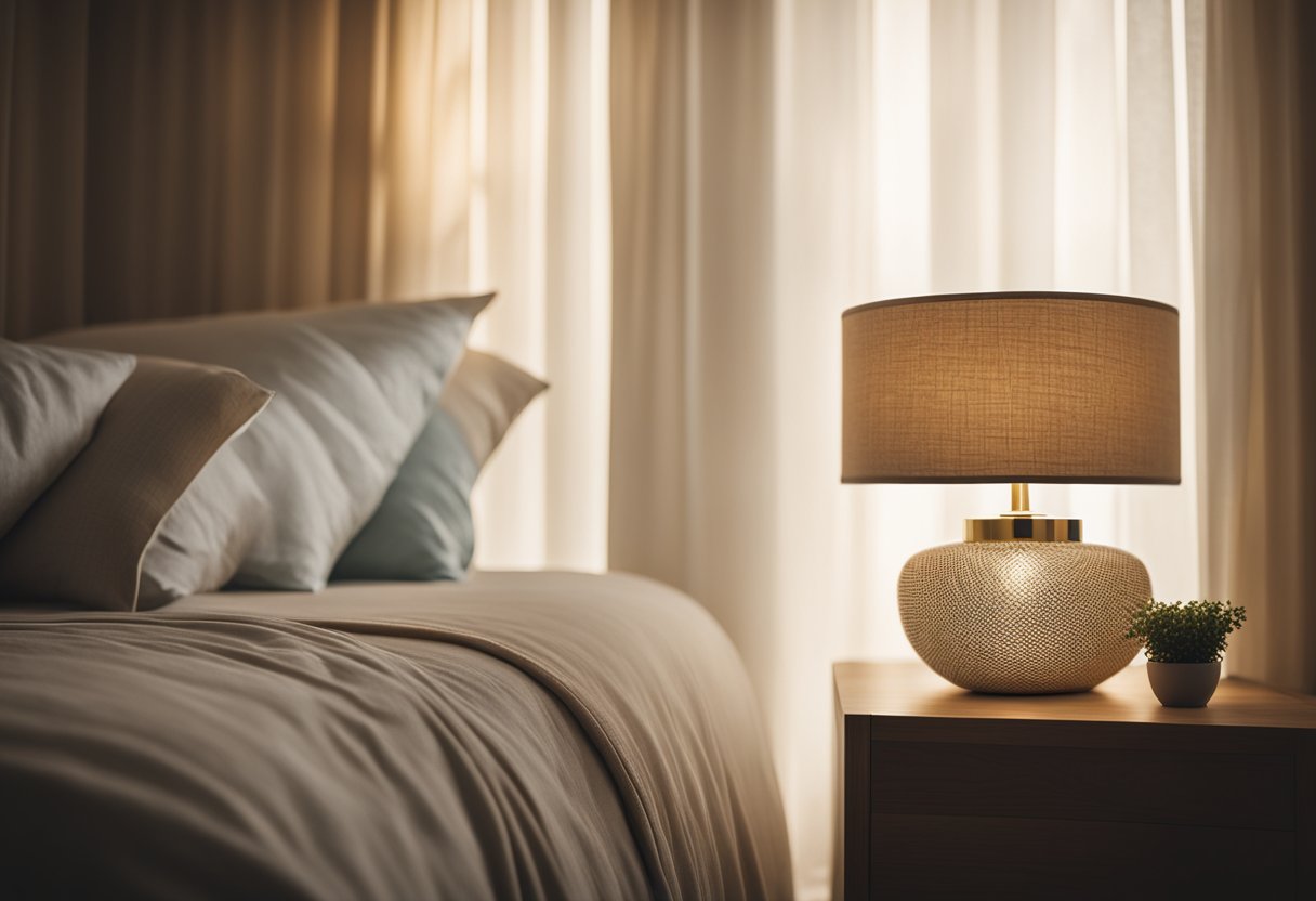 Soft, warm light filters through sheer curtains, casting gentle shadows on a neatly made bed. A vintage lamp on the bedside table adds a cozy glow to the room