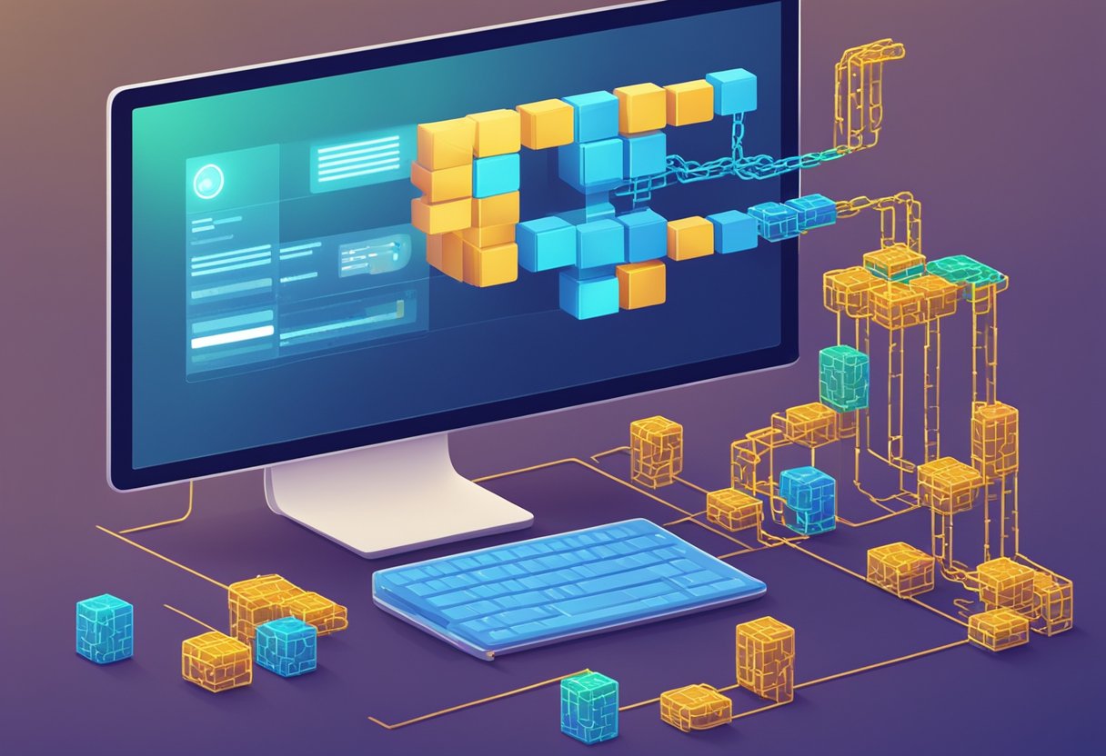 A computer screen displays a chain of interconnected blocks, symbolizing the security and privacy advantages of blockchain technology for online transactions