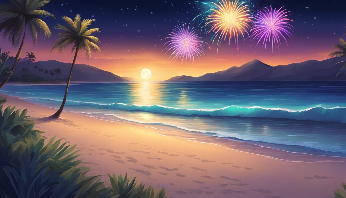 Vibrant fireworks light up a beach at night, with palm trees swaying in the warm breeze. The ocean sparkles under the moonlight, creating a serene and magical atmosphere