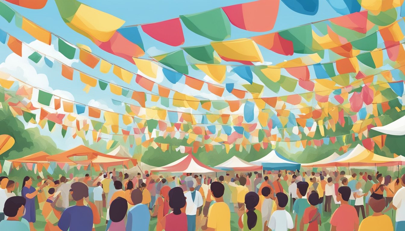Colorful banners and flags flutter in the warm July breeze, as people gather to celebrate various cultural events and festivals. The air is filled with the sounds of music, laughter, and the aroma of delicious food