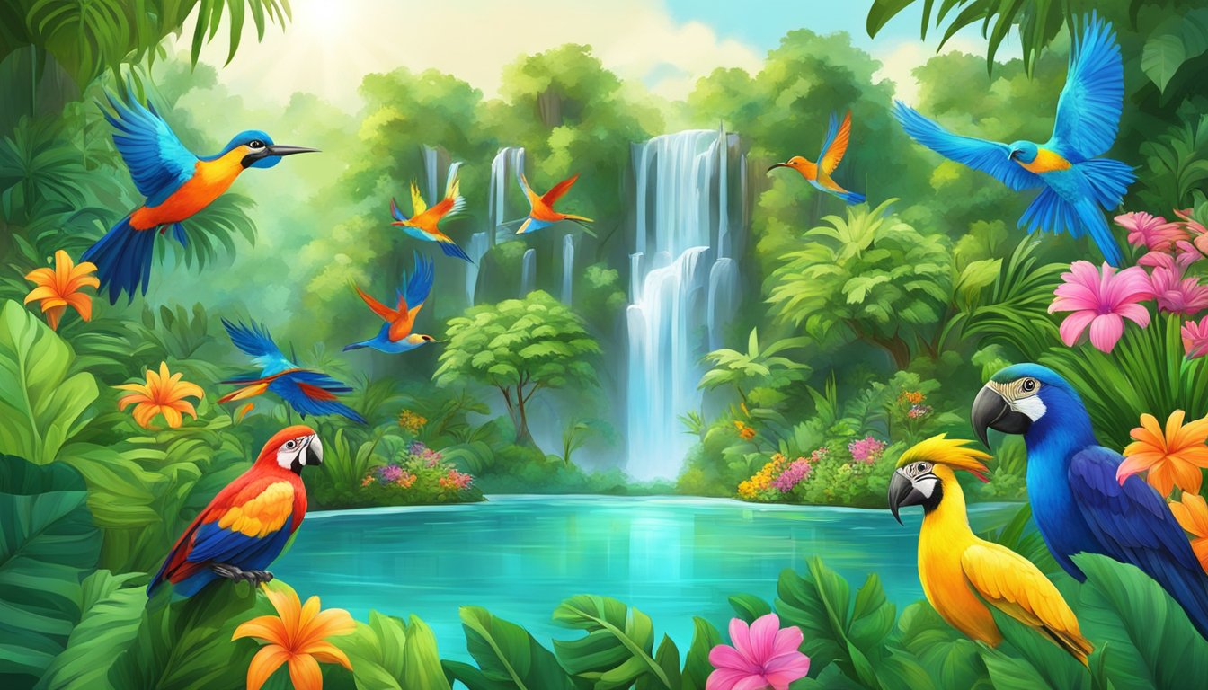 Lush green jungle with colorful birds and exotic animals, waterfall cascading into crystal-clear pool, vibrant flowers blooming in July sun