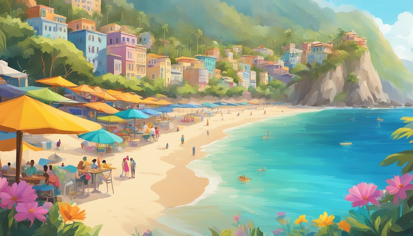 A sunny beach with palm trees, clear blue water, and colorful umbrellas. A bustling city with outdoor cafes and vibrant street markets. A mountainous landscape with blooming wildflowers and hiking trails