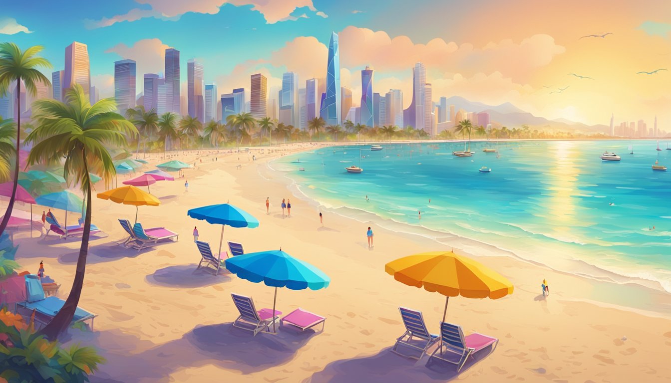 A vibrant beach with crystal clear waters, palm trees swaying in the breeze, and colorful umbrellas dotting the sandy shore. A bustling city skyline in the background with iconic landmarks and bustling streets