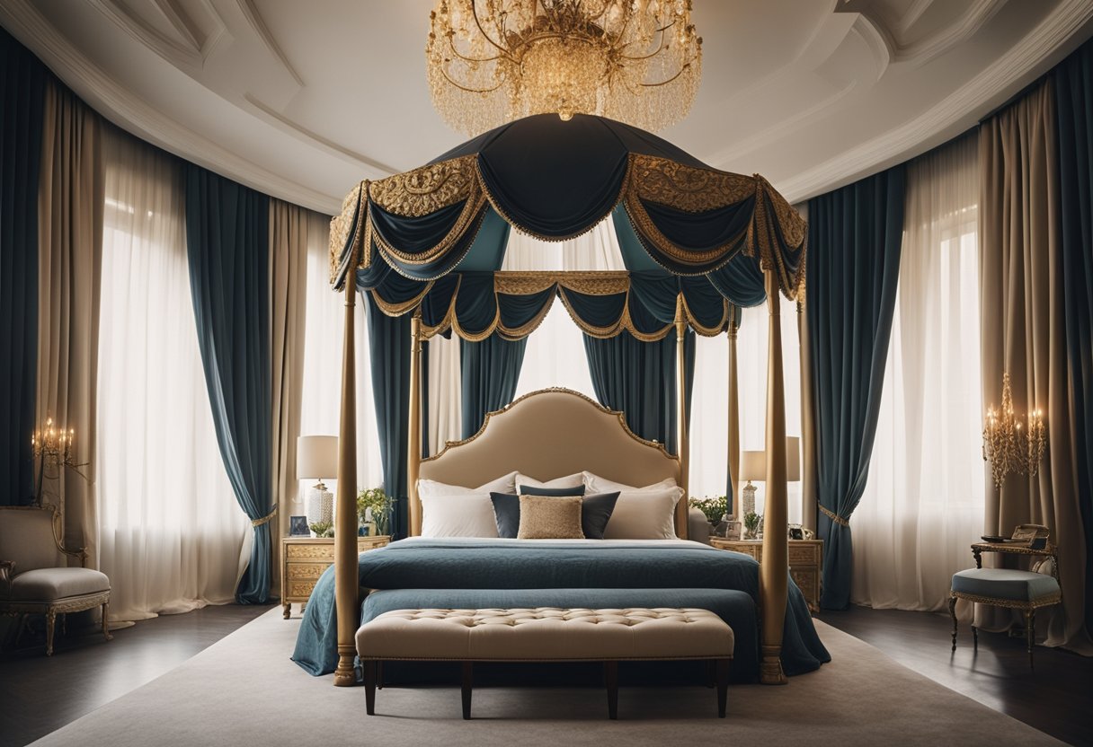 A lavish bedroom with a grand canopy bed, silk drapes, ornate chandelier, plush seating, and elegant decor