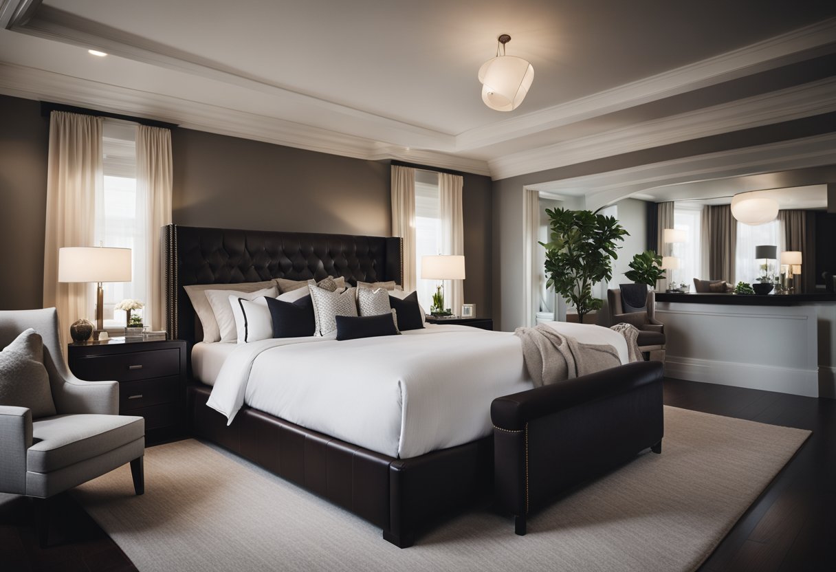 A spacious, elegant bedroom with a large, plush bed, matching nightstands, and a luxurious chaise lounge by the window. Rich, dark wood furniture and soft, neutral tones create a sophisticated atmosphere