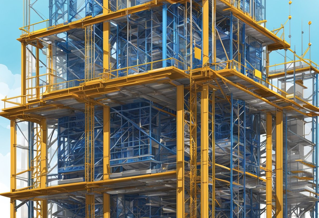 A construction elevator mast section rises against a clear blue sky, surrounded by scaffolding and construction materials