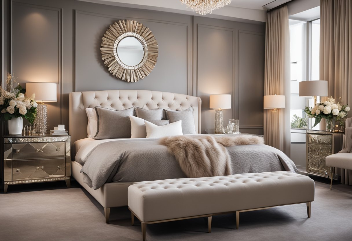 A luxurious bedroom with a neutral color palette, plush bedding, and elegant furniture, accented with metallic and crystal decor