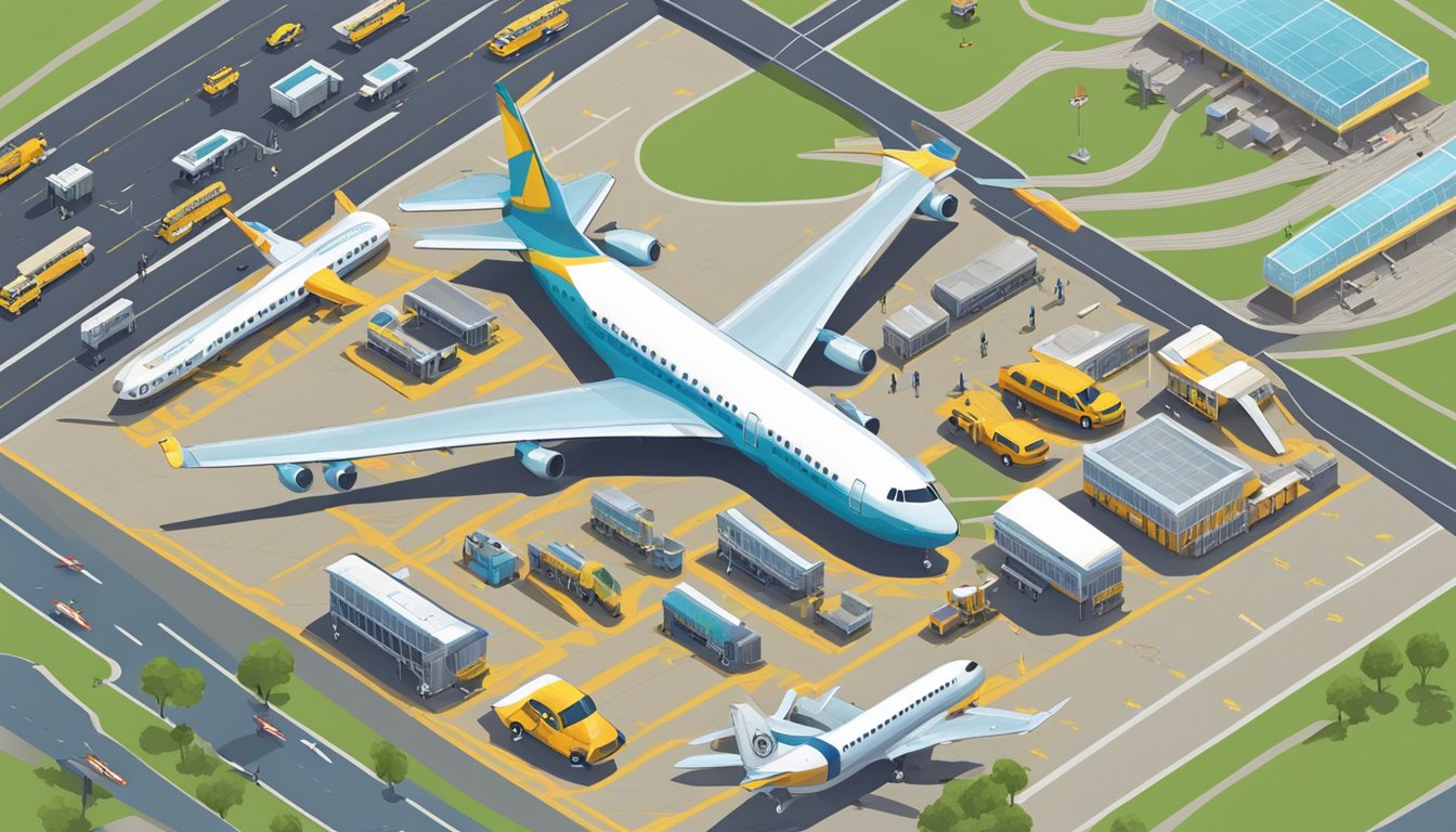 A bustling airport terminal with planes on the runway, taxis waiting outside, and a map showing various destinations for travel in July