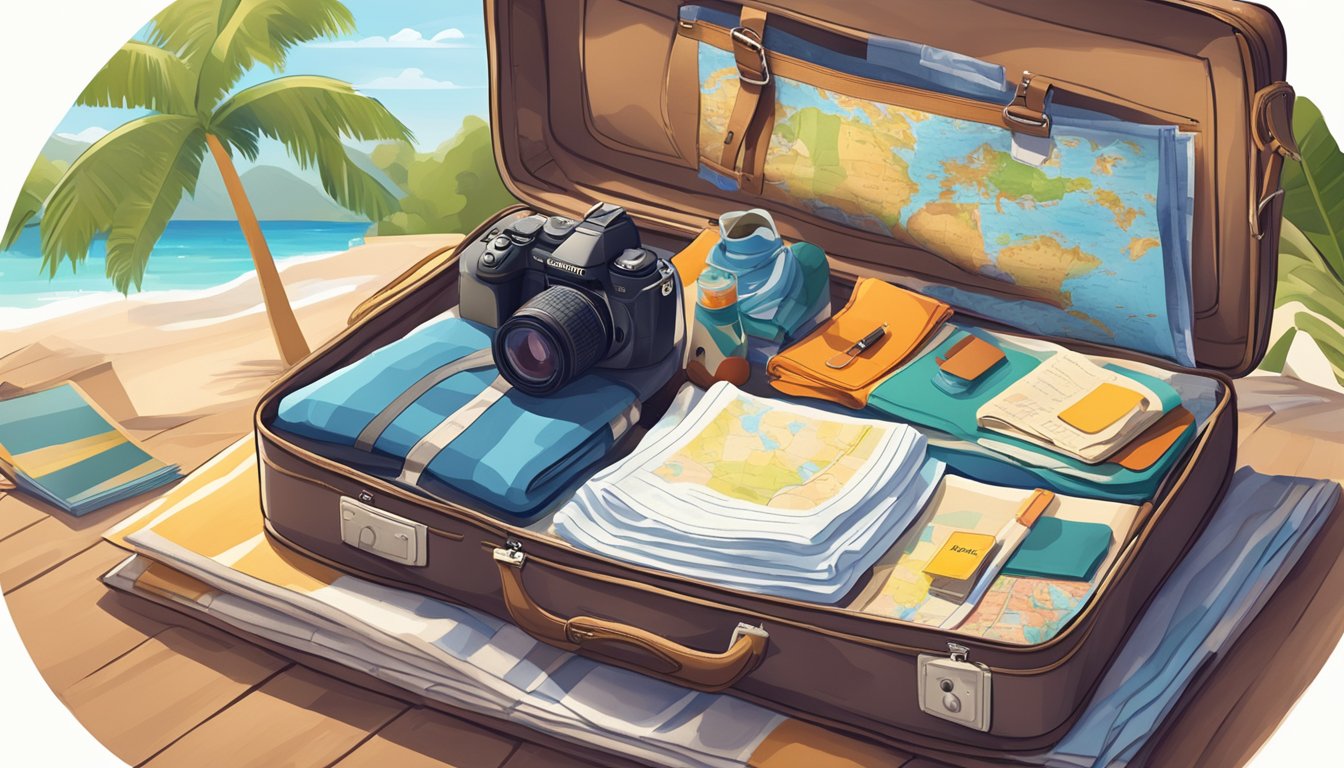 A suitcase open on a bed, filled with travel essentials like clothes, toiletries, and a camera. A map and guidebook lay nearby. The window shows a sunny, tropical destination