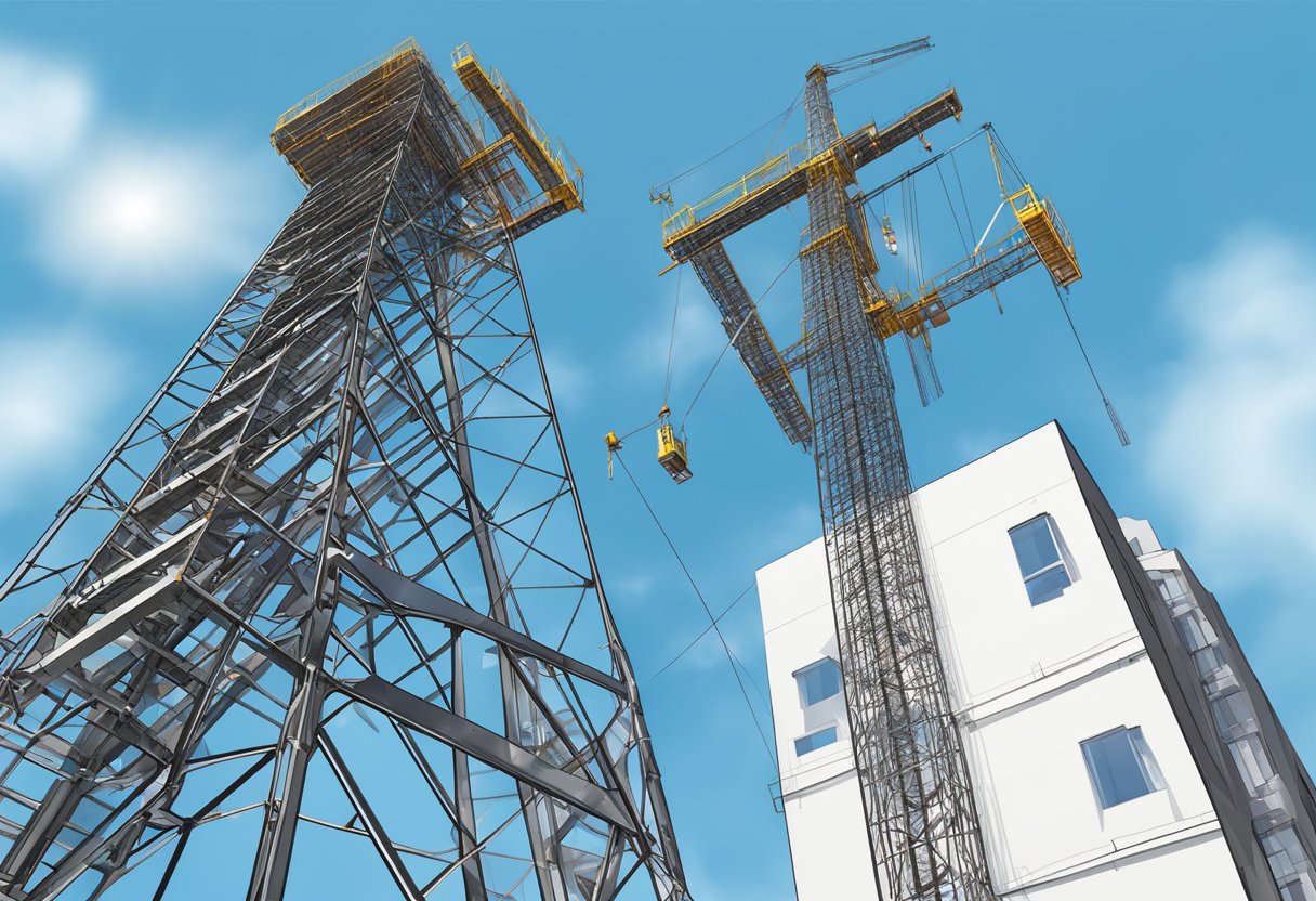 A construction hoist mast section rises against a clear blue sky on a bustling urban construction site