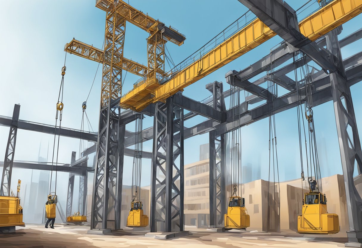 Pulleys and cables lift steel beams at a construction site