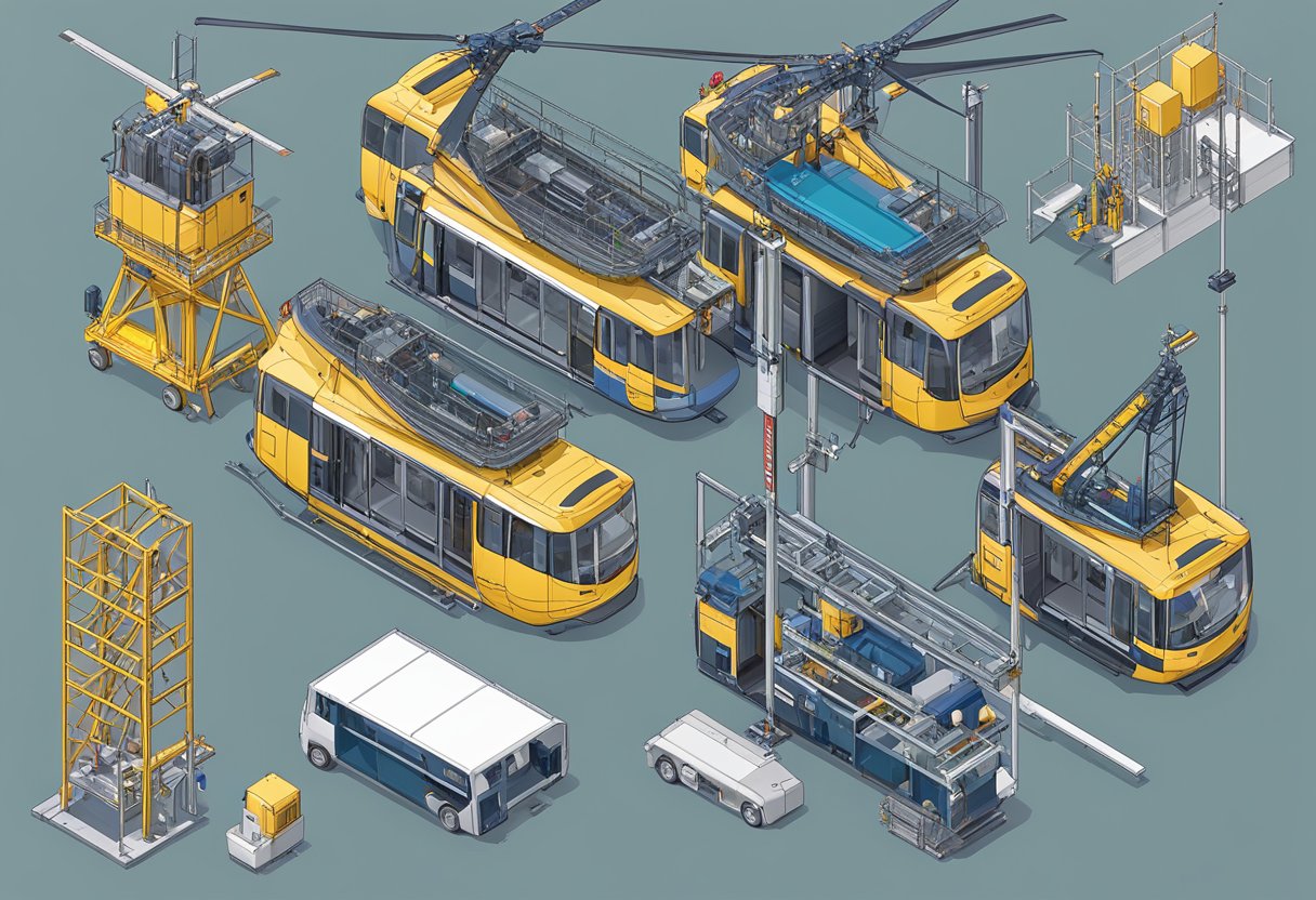 An aerial view of passenger hoist parts, including the mast section and various components