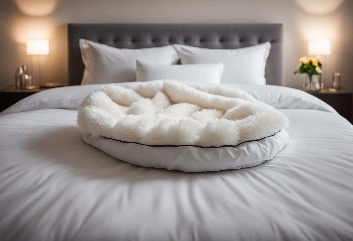 A single-sized bed with a white duvet and two fluffy pillows. The bed is positioned against a plain, light-colored wall with a small bedside table next to it