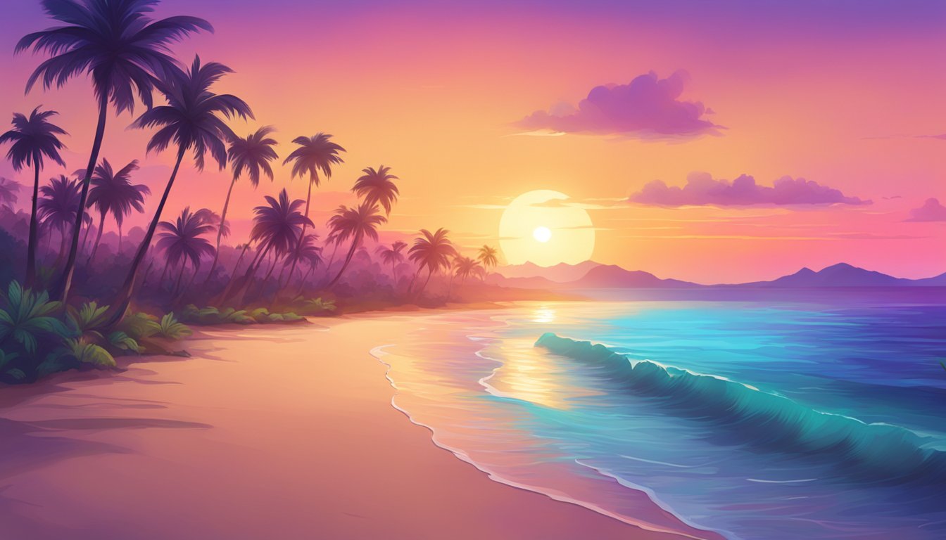 A vibrant beach with clear blue waters, palm trees swaying in the breeze, and a colorful sunset in the background