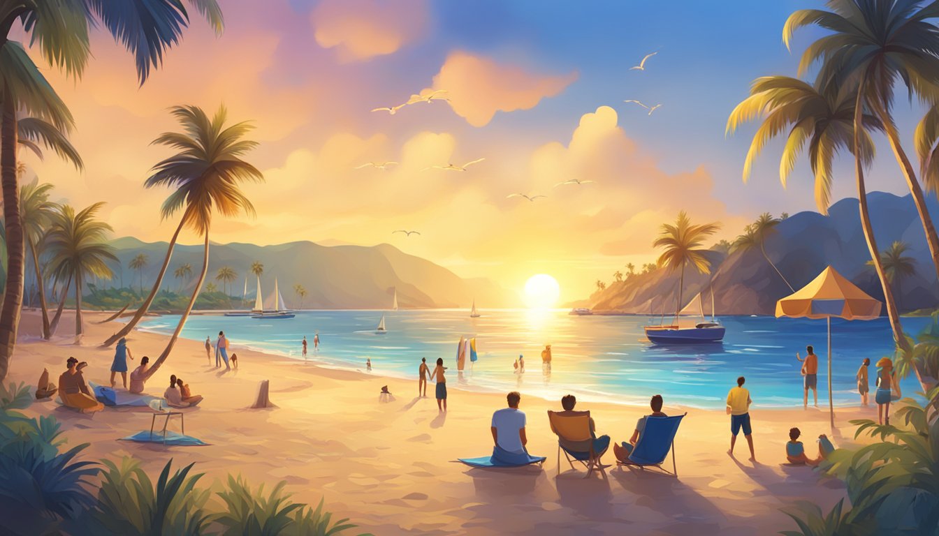 A vibrant beach scene with palm trees, clear blue waters, and a golden sunset. Tourists relax on the sandy shore, while others enjoy water sports and beach activities