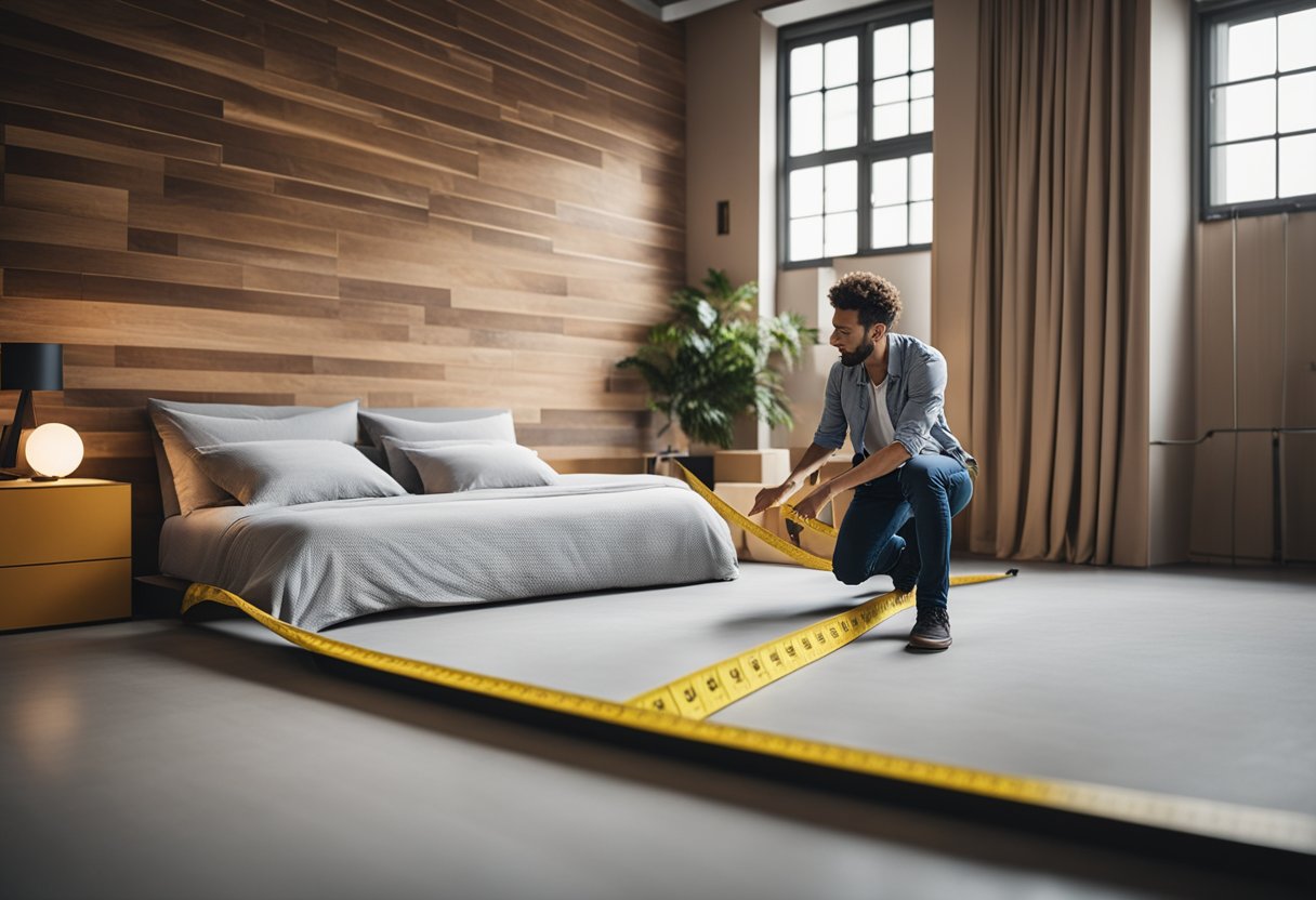 A person measuring a single bed's dimensions with a tape measure, comparing it to the space available in a room