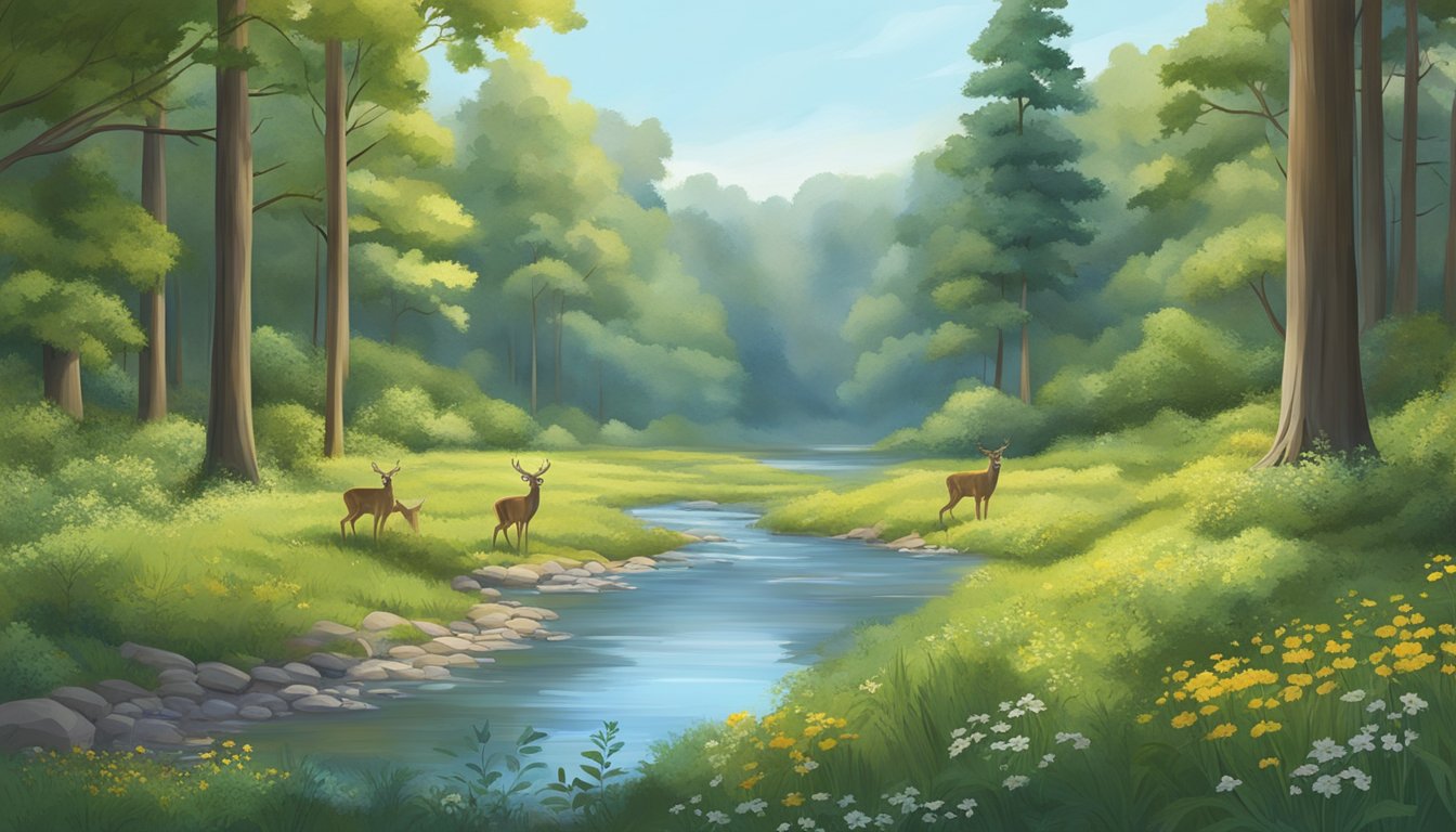 A lush forest with towering trees, a winding river, and a clear blue sky. Wildflowers bloom along the riverbank, and a family of deer grazes peacefully in the distance