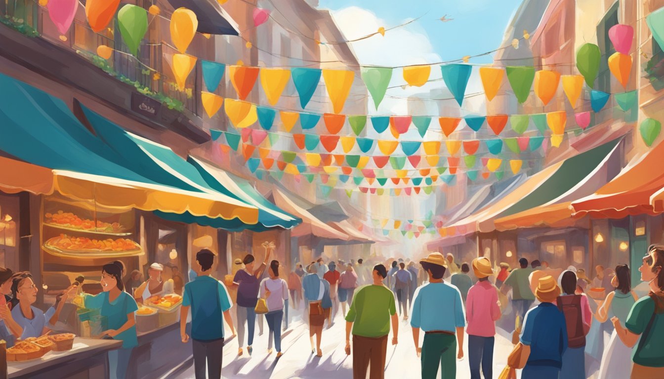 Vibrant banners and colorful decorations adorn the streets, as music and laughter fill the air. The scent of delicious food wafts through the bustling crowds, creating a lively and joyous atmosphere