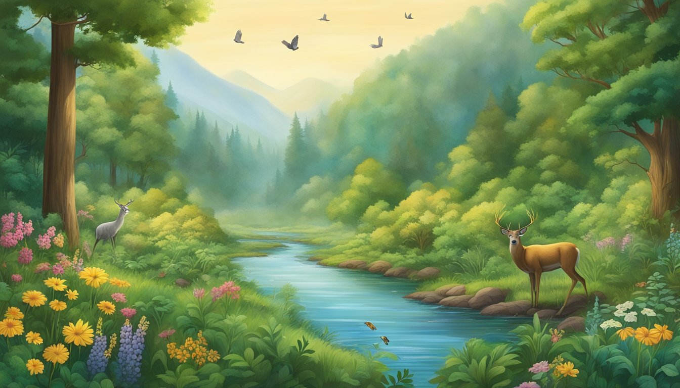Lush green forest with diverse wildlife, including birds, deer, and butterflies. A flowing river cuts through the landscape, surrounded by vibrant wildflowers and towering trees