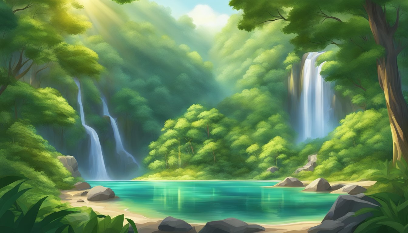 Lush green forest with sunlight filtering through the trees, a hidden waterfall cascading into a crystal-clear pool, and a winding trail leading to a secluded beach