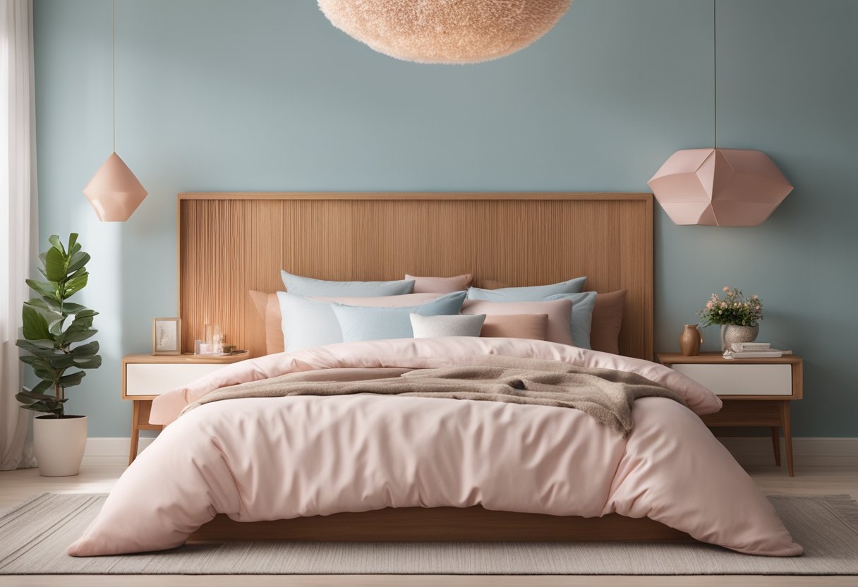 A cozy bedroom with soft pastel walls, warm wood furniture, and accents of light blue and blush pink. A fluffy white duvet covers the bed, and a plush area rug adds a touch of comfort