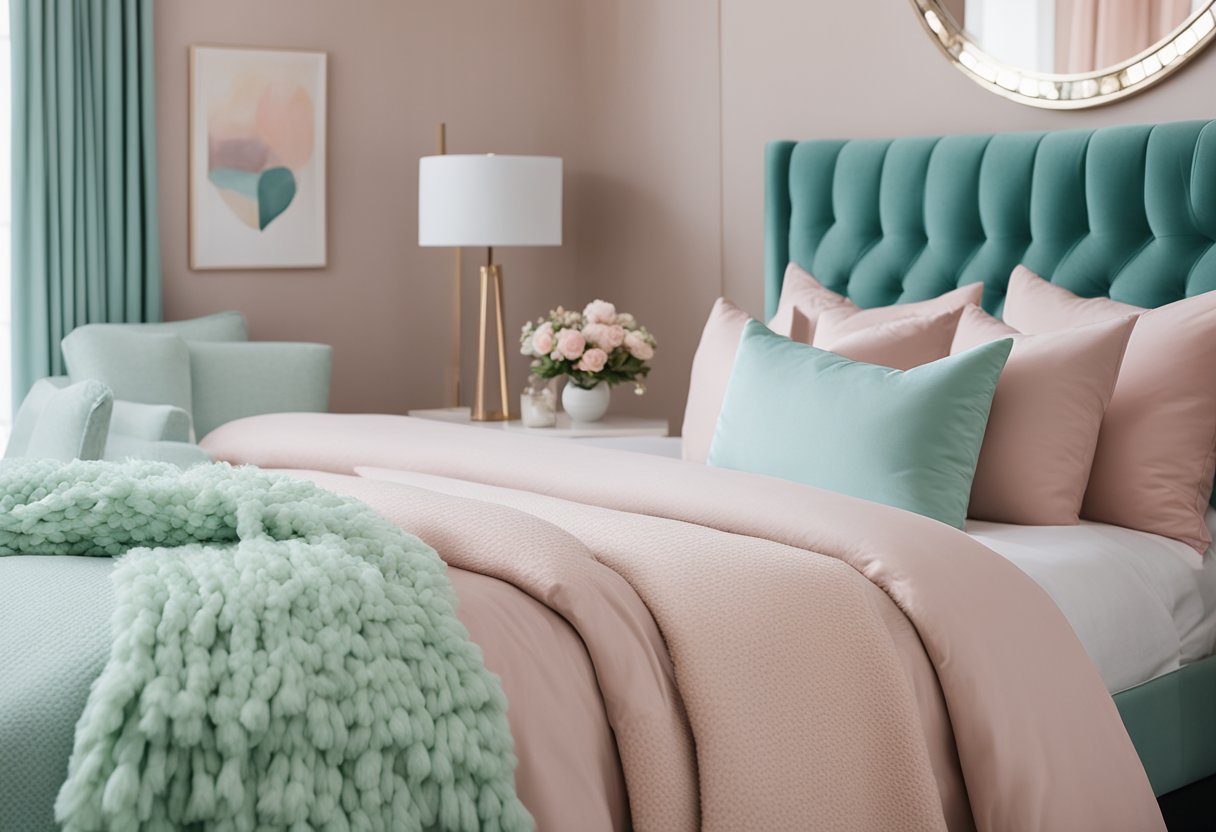 The bedroom is adorned with soft furnishings in shades of pastel blue, blush pink, and mint green. Decorative pillows and throw blankets in coordinating colours are arranged on the bed and accent chairs