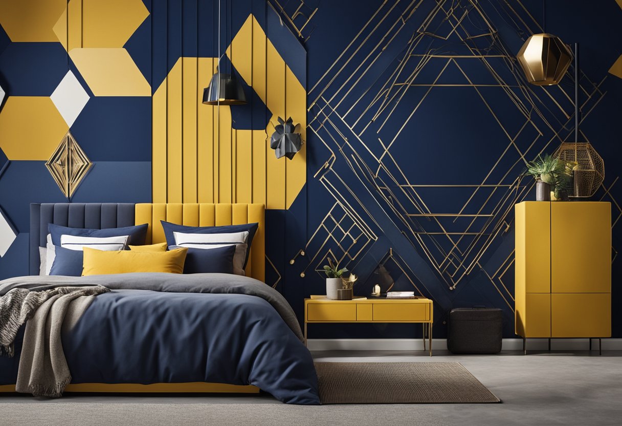 A bedroom wall with bold, contrasting colors like navy blue and mustard yellow, featuring geometric patterns or abstract designs for visual interest