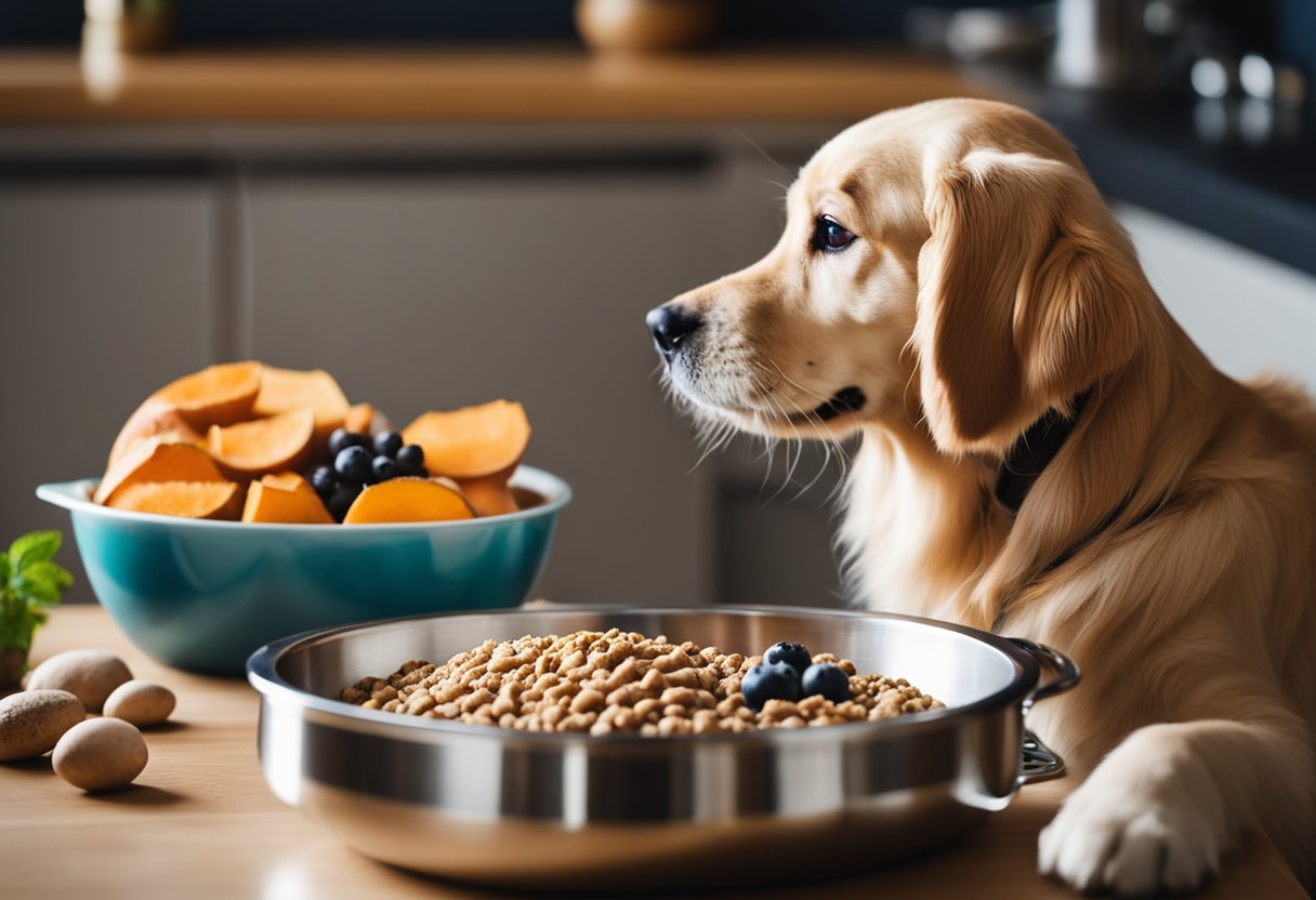 A golden retriever happily eats hypoallergenic kibble from a stainless steel bowl, surrounded by a variety of natural ingredients like salmon, sweet potatoes, and blueberries