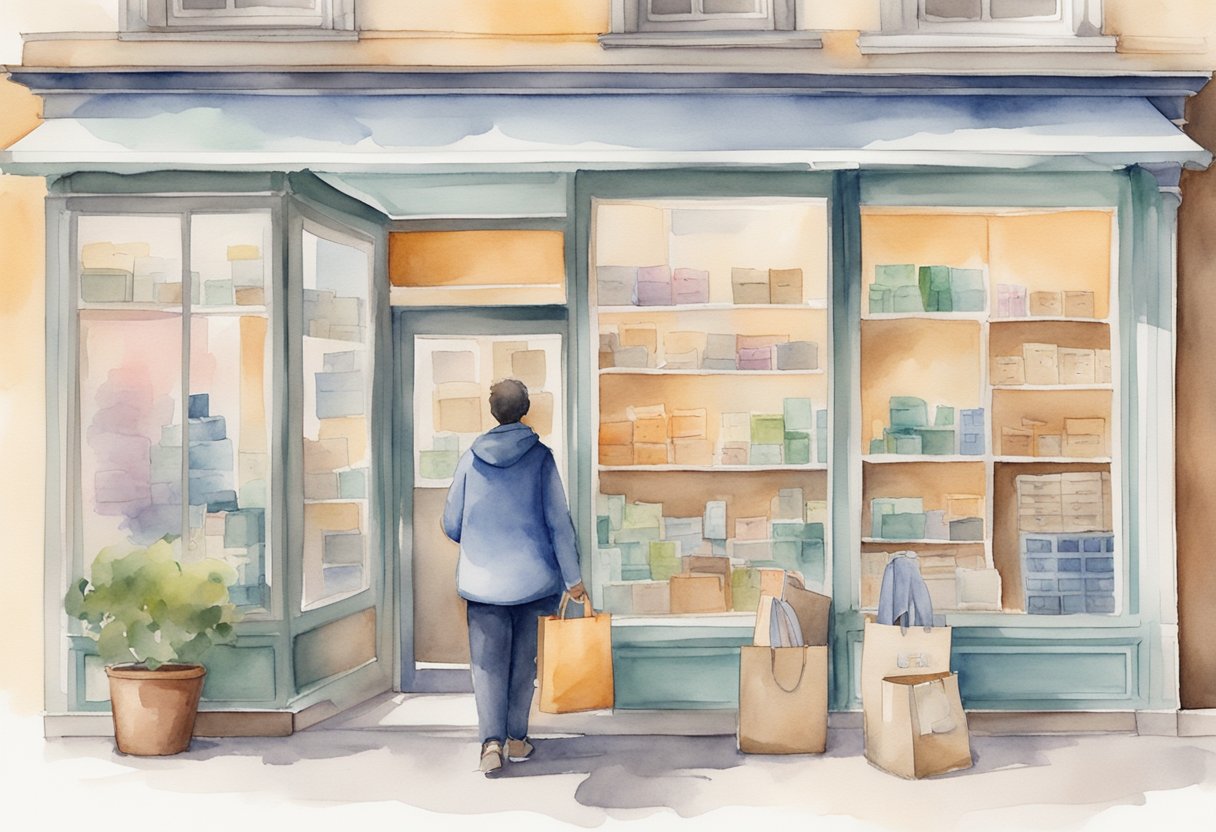 A person sets up a resale business, researching and following resale laws and regulations, organizing inventory, and creating a welcoming storefront