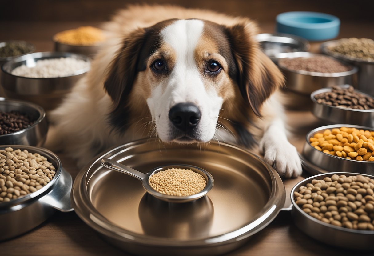 A dog with a food bowl, surrounded by various types of dog food, some labeled as hypoallergenic, while others are labeled as natural or grain-free