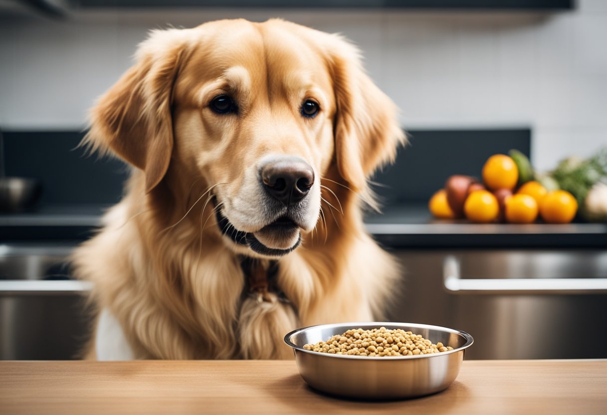 A golden retriever happily eats hypoallergenic dog food from a stainless steel bowl, surrounded by various allergy-friendly ingredients