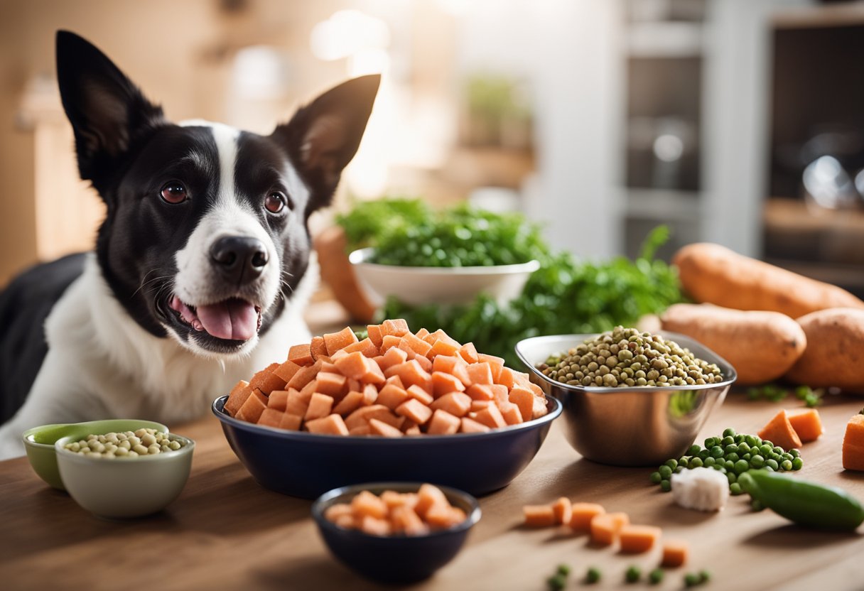 A happy dog with a shiny coat eating hypoallergenic dog food from a bowl, surrounded by ingredients like salmon, sweet potatoes, and peas