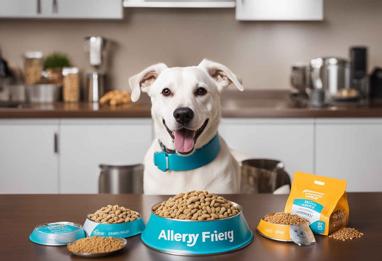 A dog with a food bowl, scratching and sneezing, surrounded by various types of dog food packaging labeled "allergy-friendly."