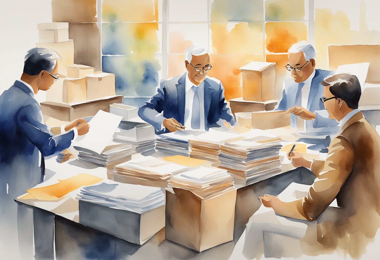 Suppliers and distributors exchanging goods, reviewing reselling laws, and negotiating contracts in a professional setting