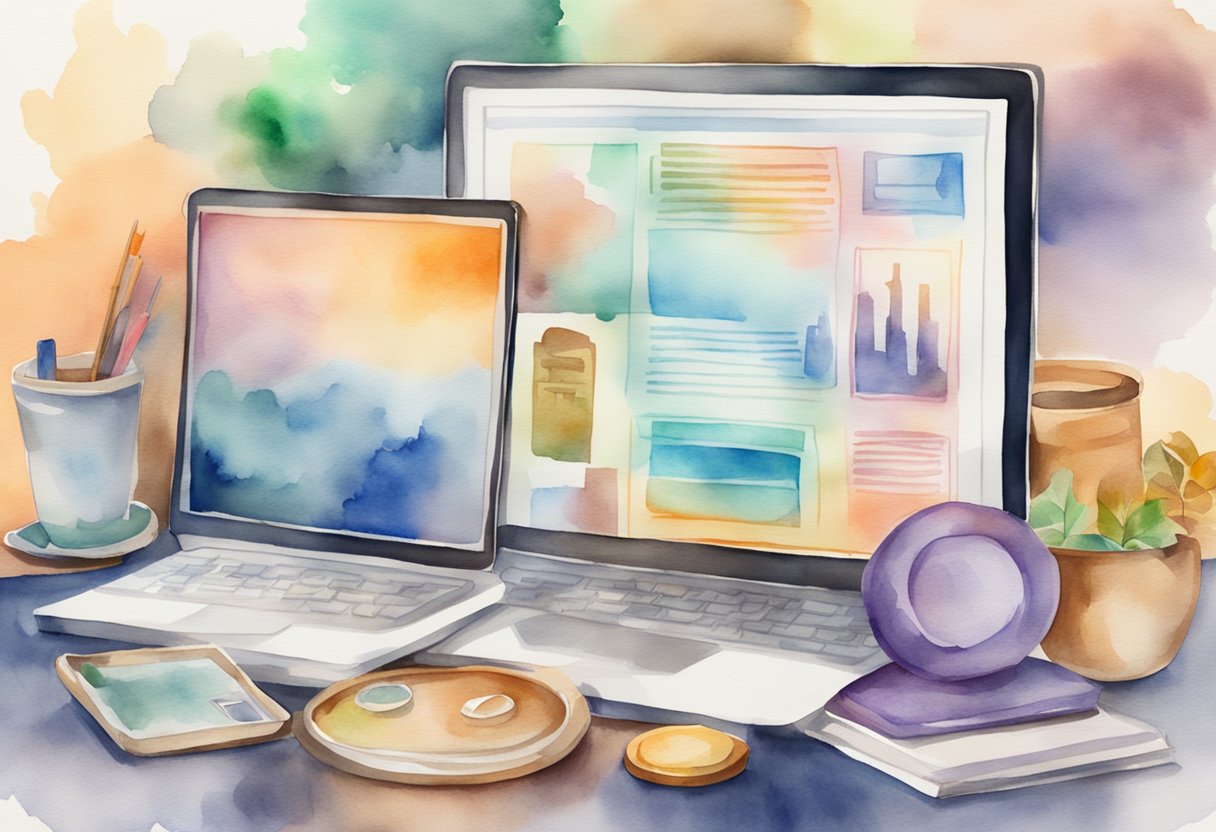 Various items displayed on digital platforms with legal text in the background. Symbols of resale and trade present