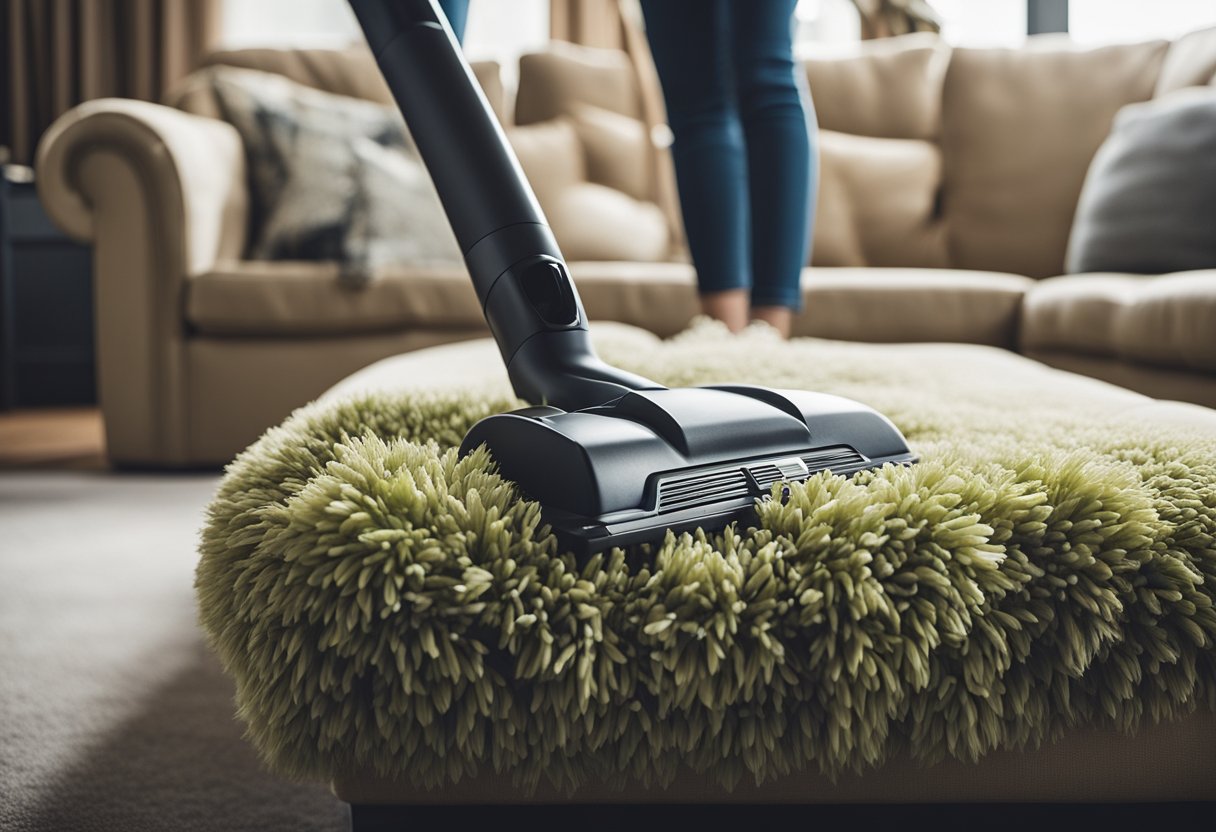 A person vacuuming pet hair from furniture and using allergy medication